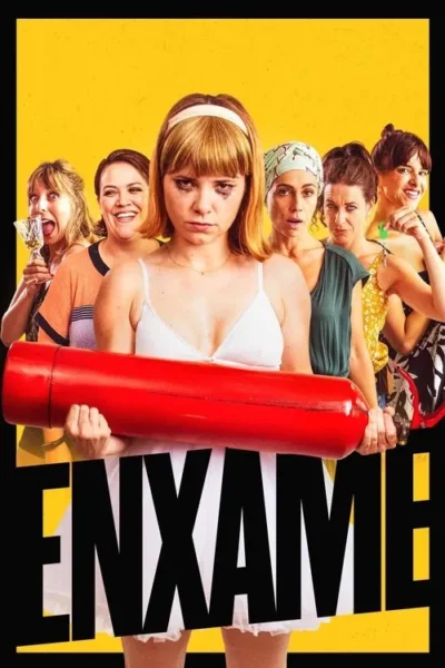 Mulher de maquiagem borrada segura extintor, cercada por seis outras mulheres com expressões variadas, de riso a choque. Fundo amarelo. Humor caótico.