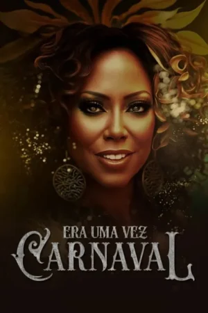 Mulher negra sorridente em destaque, com cabelos cacheados decorados com folhas douradas e brilhos. Maquiagem festiva e brincos grandes.