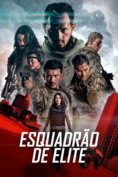 Grupo de 8 soldados (7 homens,1 mulher) em equipamento tático e armados. Fundo nebuloso de cidade em conflito. Pôster de ação intensa.