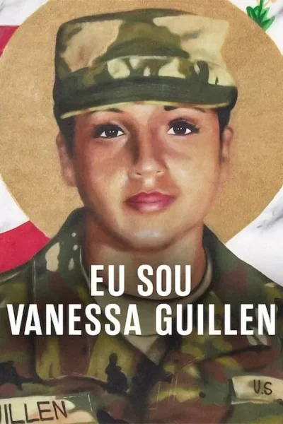 Pintura de mulher militar jovem com uniforme camuflado, olhando para frente, com halo dourado. Clima solene e forte.