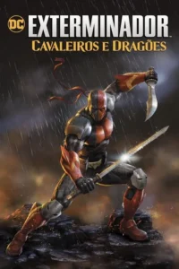 Guerreiro mascarado de armadura vermelho e cinza,empunhando espada e adaga,em pose de combate sob forte chuva e rochas.