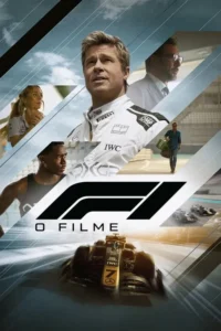 Pôster dinâmico:piloto loiro em traje de corrida,outros personagens intensos e carros de F1 em ação. Clima de velocidade e drama.
