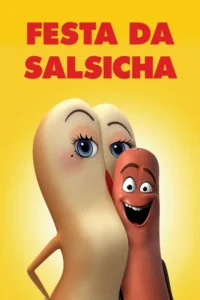 Pôster amarelo. Um pão de hot-dog feminino de olhos azuis e bochechas coradas,próximo a um salsicha masculino sorridente. Clima cômico.