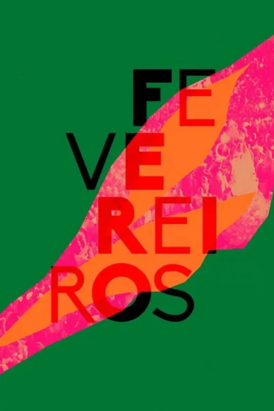 Pôster abstrato verde com formas diagonais rosa vibrante e laranja. Letras sobrepostas em preto e vermelho evocam energia e festa.