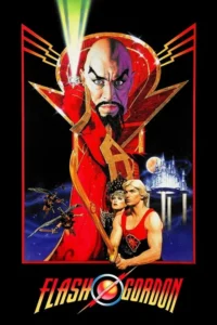 Vilão careca em manto vermelho projeta luz. Abaixo,herói loiro com espada e mulher com coroa,num cenário espacial com castelo flutuante. Sci-fi épico.