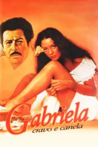 Pôster laranja: homem sério à esquerda e mulher sensual de cabelos longos, flor e top branco à direita.