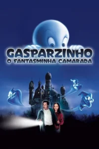 Pôster azul:fantasma branco no topo. Mansão sombria com três fantasmas azuis. Um homem e uma mulher com lanterna. Clima misterioso.