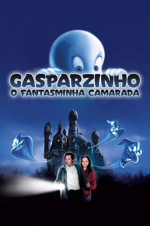 Pôster azul:fantasma branco no topo. Mansão sombria com três fantasmas azuis. Um homem e uma mulher com lanterna. Clima misterioso.