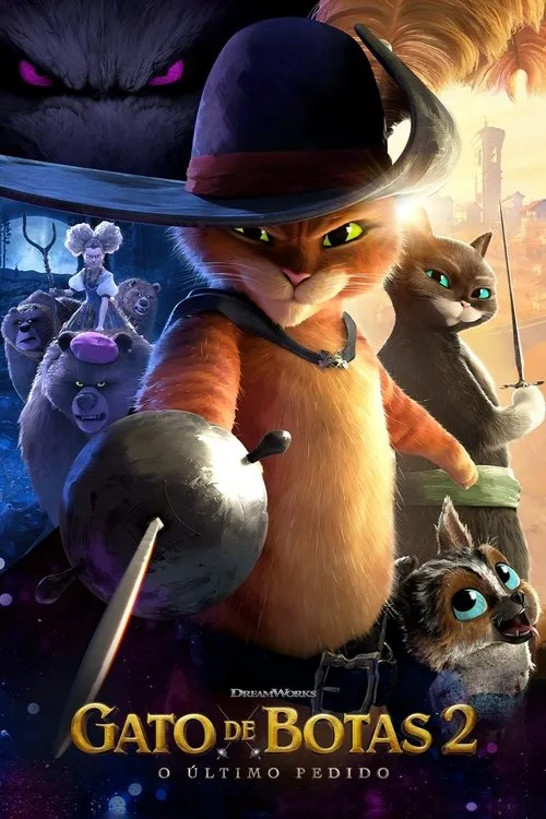 Gato espadachim com chapéu, gata e cão em destaque. Ao fundo, ursos, mulher e monstro sombrio de olhos roxos. Cenário de aventura e perigo.