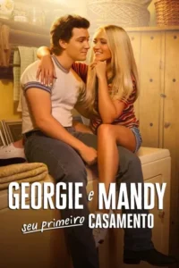 Pôster com jovem casal sorrindo e se abraçando carinhosamente. Ela está sentada numa máquina de lavar roupa,em ambiente doméstico. Clima de romance.