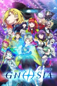 Pôster de anime:Um grupo vibrante e diverso de personagens em um cenário sci-fi com nave espacial e cristais. Energia azul em destaque.