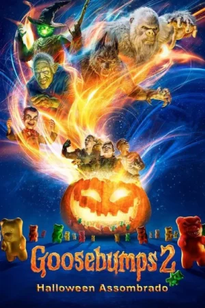 Pôster de Halloween: Abóbora gigante com crianças assustadas. Acima, Slappy, bruxa, lobisomem e yeti em energia laranja. Fundo azul estrelado com ursos de goma.