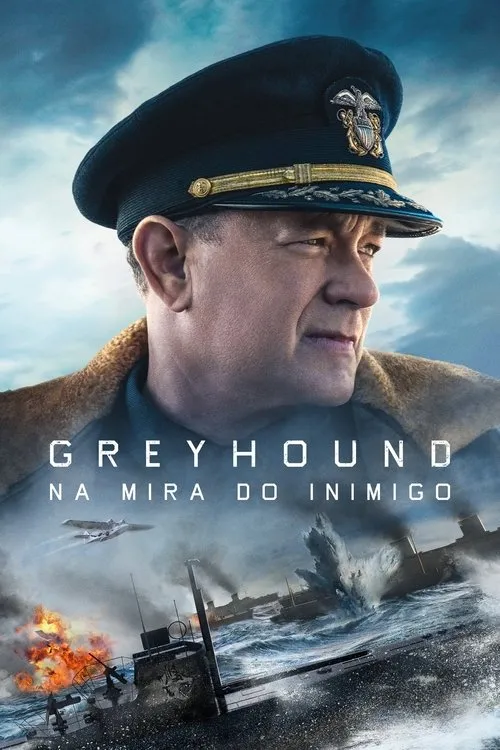 Homem de uniforme naval olha fixo para a direita. Abaixo,batalha naval com navios,submarinos,explosões e avião em mar agitado.