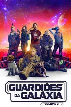 Equipe de 9 heróis intergalácticos, incluindo humano, alienígenas, árvore, guaxinim e cachorro, contra fundo cósmico vibrante.