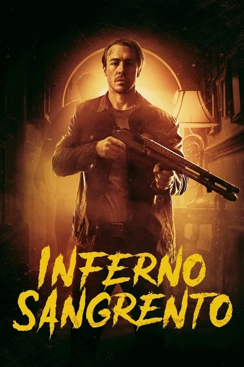 Homem sério com espingarda sob luz infernal laranja em prédio sombrio. Clima de terror e ação.