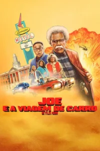 Pôster vibrante. Homem idoso, jovem assustado, Madea e outros. Carro clássico, explosões, helicópteros, motel histórico e edifício. Clima de aventura.