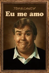 Retrato em estilo vintage de um homem sorridente e de olhos arregalados,usando suéter. Fundo marrom e moldura dourada.