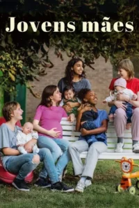 Pôster com jovens mães de diversas etnias e seus bebês em ambiente externo. Uma está grávida. Elas sorriem,clima de união e apoio.