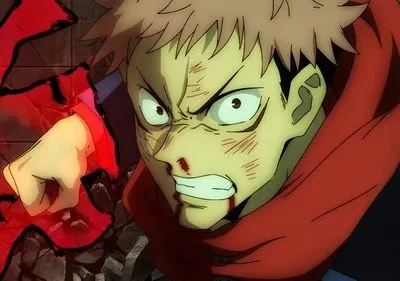 Homem jovem com cabelo espetado, rosto ferido e raivoso, soca com punho envolto em energia vermelha, quebrando uma parede.