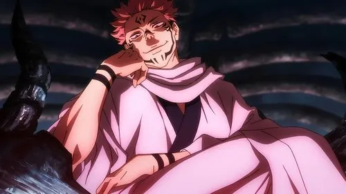 Jujutsu Kaisen – T01E06:Depois da Chuva 1 Homem de anime de cabelo rosa e marcas escuras no rosto,com sorriso astuto. Veste quimono claro,sentado em trono sombrio.