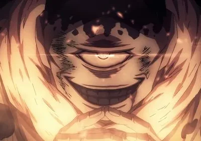 Ser sinistro com um olho na testa, sorriso largo e dentes afiados. Mãos juntas, banhado em luz laranja intensa com partículas.