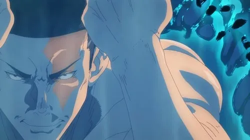 Jujutsu Kaisen – T01E20:Fora do padrão 1 Homem anime musculoso com olhar sério e braços erguidos. Luz azul intensa emana atrás dele com formas escuras,criando um clima misterioso.