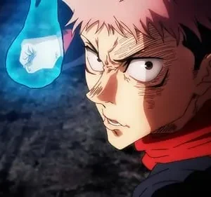 Anime: Homem de cabelo rosa e expressão furiosa. Um punho azul brilhante flutua perto dele. Cena escura, atmosfera de combate intensa.