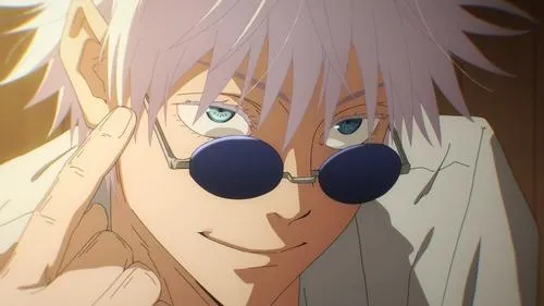 Anime:Homem com cabelo branco espetado,óculos redondos escuros abaixados revelando olhos azuis. Ele sorri,mão na têmpora.