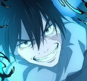 Jovem anime com sorriso maníaco, olhos arregalados, envolto em tentáculos de energia azul brilhante. Clima sombrio.