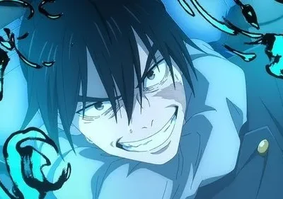 Jovem anime com sorriso maníaco, olhos arregalados, envolto em tentáculos de energia azul brilhante. Clima sombrio.