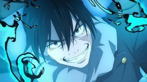 Jovem anime com sorriso maníaco,olhos arregalados,envolto em tentáculos de energia azul brilhante. Clima sombrio.