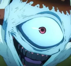 Monstro azulado de um olho vermelho brilhante, dentes afiados e boca arreganhada. Manchas marrons na cabeça. Clima de terror e suspense.