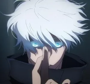 Anime: Homem de cabelo branco e olhos azuis brilhantes, com o dedo indicador na ponte do nariz. Fundo escuro, clima intenso.