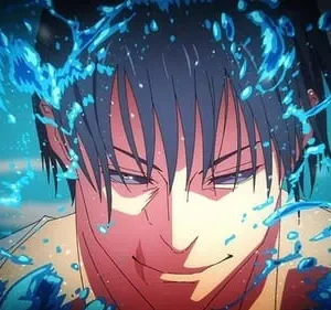 Pôster anime: Rosto de um homem com cabelo escuro e sorriso astuto, olhos semicerrados. Ele está cercado por respingos de água azul brilhante.