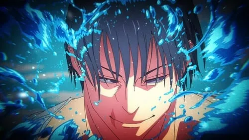 Jujutsu Kaisen – T01E39:Flutuações,parte 2 1 Pôster anime:Rosto de um homem com cabelo escuro e sorriso astuto,olhos semicerrados. Ele está cercado por respingos de água azul brilhante.