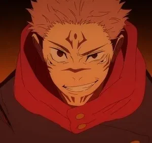 Um personagem de anime com cabelo rosa espetado, marcas faciais e um sorriso malévolo. Fundo ardente evoca um clima sombrio e intenso.