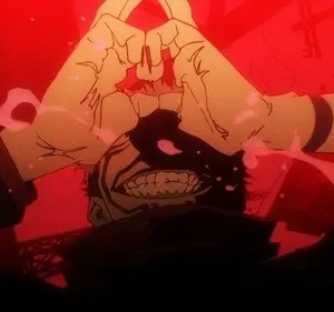 Cena vermelha intensa. Um personagem com rosto distorcido e dentes afiados. Mãos sobre a cabeça formam um gesto. Atmosfera agressiva.