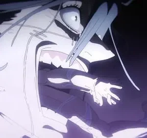 Anime. Criatura branca de olhos arregalados grita, com um corpo escuro emergindo de sua boca. Cena de horror e desespero em fundo roxo escuro.