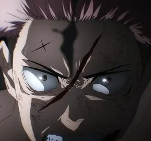 Close-up de personagem de anime com cabelo espetado, cicatrizes, olhos arregalados brilhantes e expressão furiosa. Iluminação dramática.