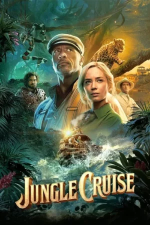 Pôster de aventura na selva: Homem musculoso e mulher decidida com outros em barco em rio turbulento. Fauna e ruínas. Clima exótico.