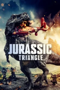 Um T-Rex gigante morde um helicóptero explodindo, enquanto soldados atiram e pterodáctilos voam em montanhas. Céu escuro e dramático.