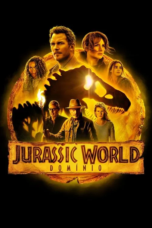 Pôster com 7 personagens adultos e jovens em torno de um esqueleto de dinossauro dourado e flamejante. Clima de aventura intensa.