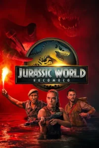 Três pessoas em água avermelhada; uma mulher armada no centro. Dinossauro e garra ameaçadores emergem do fundo escarlate.