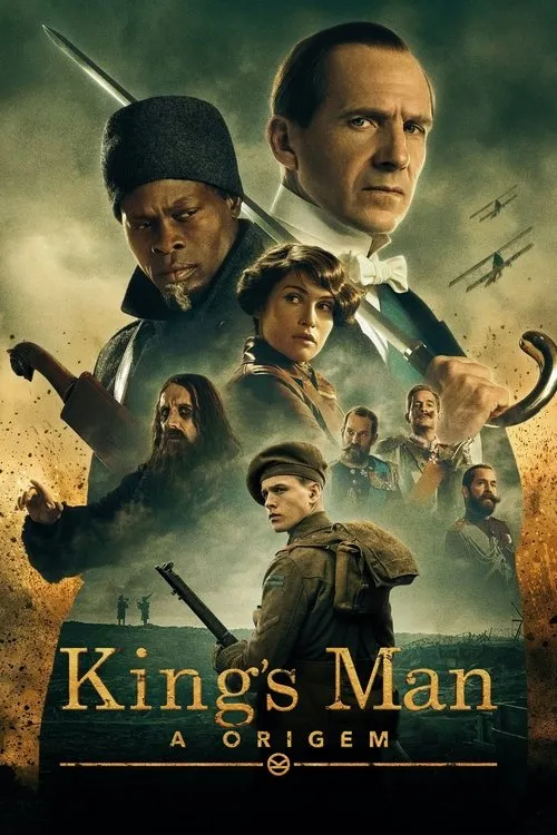 King's Man:A Origem 1 Múltiplos personagens intensos,incluindo um espião de terno,um soldado e uma mulher. Cenário de guerra com trincheiras e aviões. Clima sombrio.