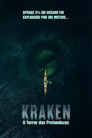 Apenas 5% do oceano foi explorado por um motivo...: Caiaque pequeno em mar escuro, com monstro marinho gigante à espreita nas profundezas.