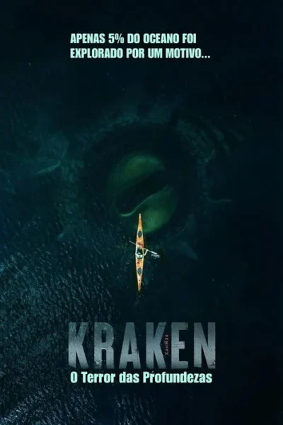 Apenas 5% do oceano foi explorado por um motivo...: Caiaque pequeno em mar escuro, com monstro marinho gigante à espreita nas profundezas.