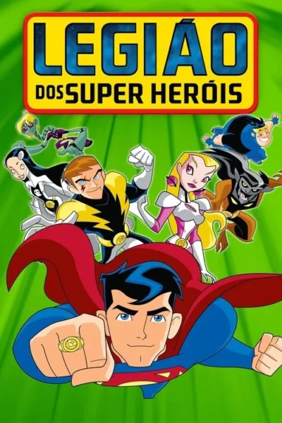 Jovem herói de capa azul e anel dourado voa sorrindo. Acima dele, um grupo vibrante de super-heróis animados em poses dinâmicas. Fundo verde.