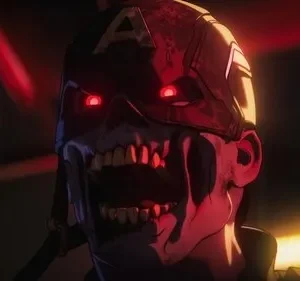 Um zumbi com capacete ('A'), olhos vermelhos brilhantes e boca aberta revelando dentes afiados. Fundo escuro com luzes vermelhas e laranjas. Clima sombrio.
