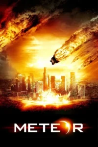 Pôster: Meteoros em chamas caem sobre uma metrópole. Edifícios explodem em um cenário apocalíptico de tons laranja e vermelho.