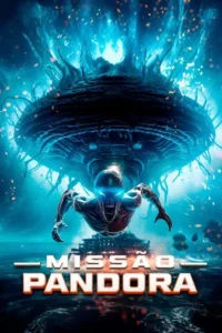 Pôster sci-fi: Criatura alienígena feroz de olhos azuis brilhantes salta de uma nave orgânica sobre o mar. Clima ameaçador.